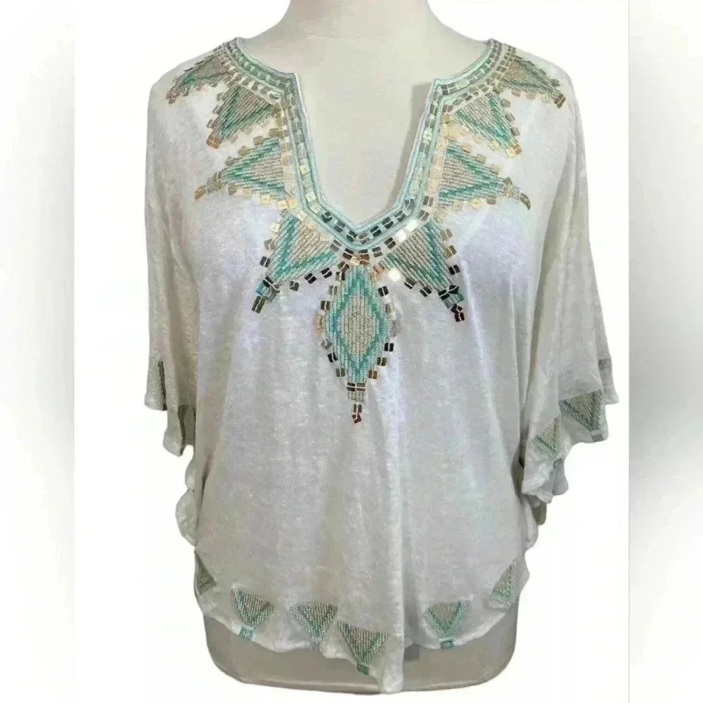 INC International Concepts Beach 100% Linen Turquoise/Gold Embroidered Top Sz L